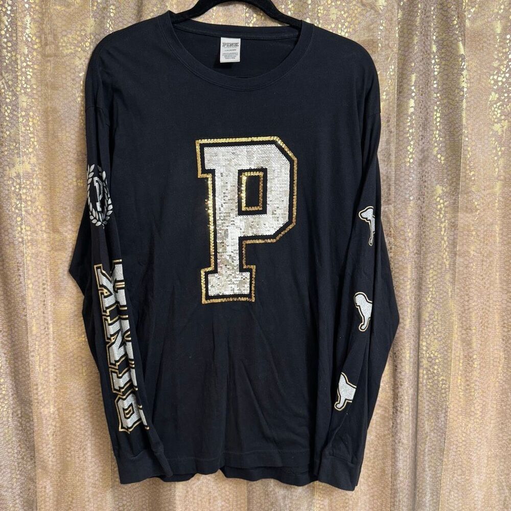 PINK Victorias Secret Black Gold Sequin Glitter Bling Long Sleeve Top Large